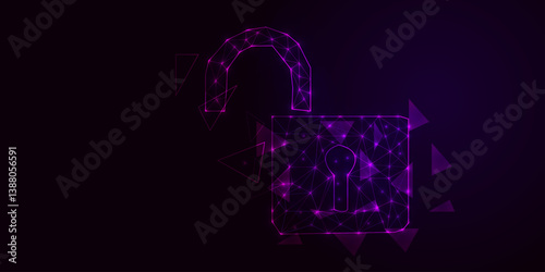 Cyber security concept. Lock symbol from lines and triangles, point connecting network on gradient purple background. Illustration vector,eps 10