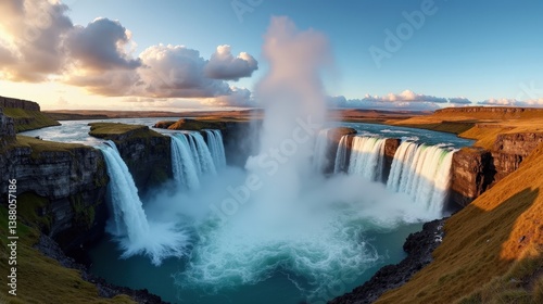 Panoramic shot of Dettifoss waterfall in Iceland at midday, with sunny weather emphasizing the powerful flow of water.