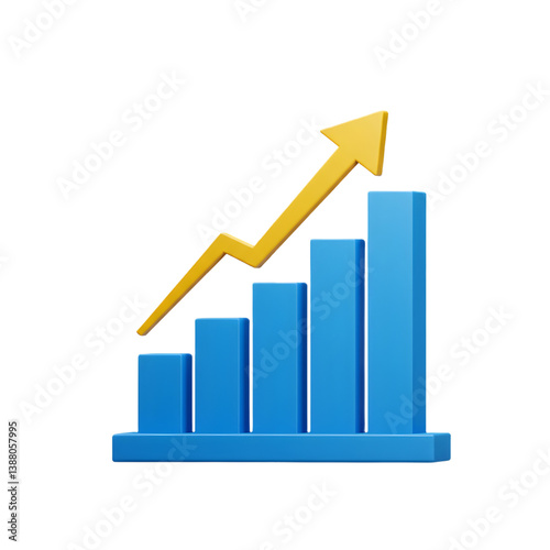 3d minimal data analysis icon. soaring finances. Strengthening currency. A bar graph with an arrow rising. 3d illustration. PNG