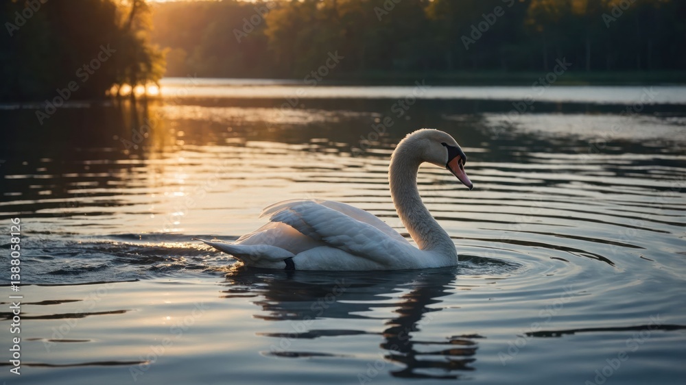 Fototapeta premium A serene swan glides across a calm lake during sunset, creating ripples in the water.