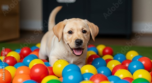 playful puppy surrounded by colorful plastic balls, exuding happiness and joy while playfully exploring its vibrant surroundings, nestled in a cozy indoor environment