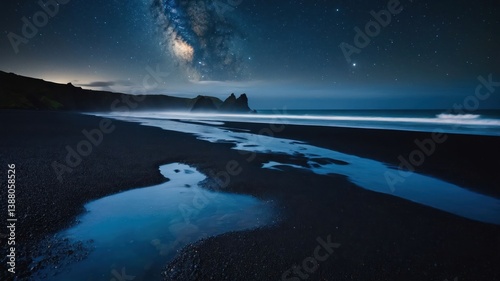 A serene night beach scene under a starry sky with a reflective water pool.
