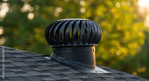 Black roof turbine spinning vent creating airflow against a blurred green background during golden hour, demonstrating effective ventilation