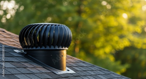 Black roof turbine ventilator on a shingled rooftop with soft morning light illuminating the background, creating a serene and functional atmosphere