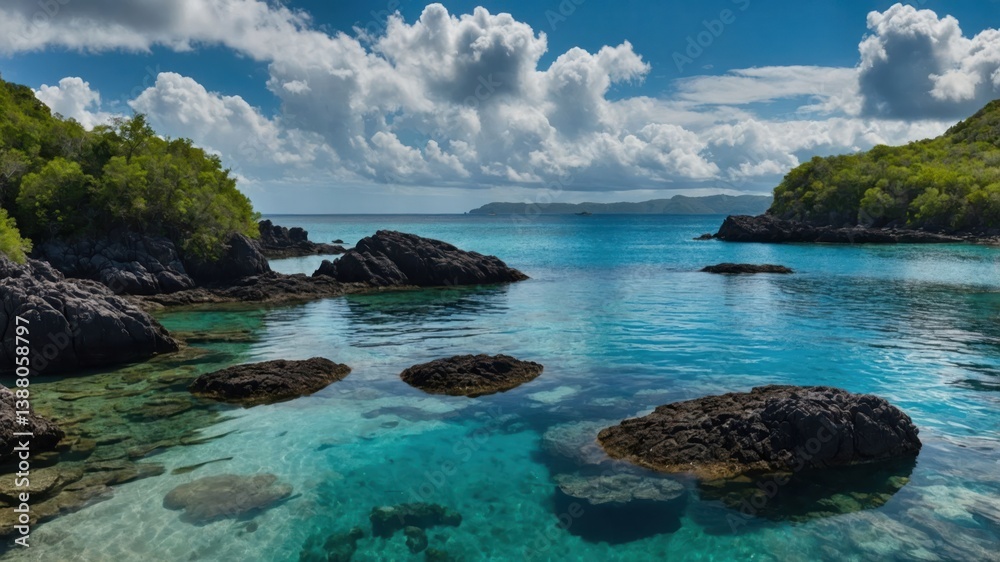 Obraz premium Serene coastal landscape with clear waters, rocky formations, and lush greenery.