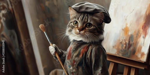 Creative cat artist in a beret painting abstract art on an easel with a brush in a cozy studio setting