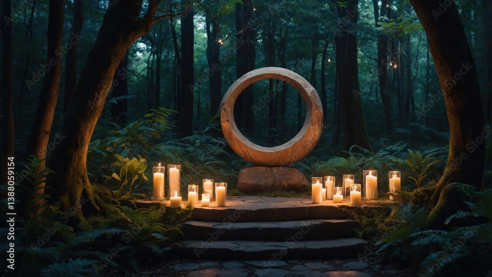 Obraz premium A serene forest scene featuring a circular wooden structure and candles on stone steps.