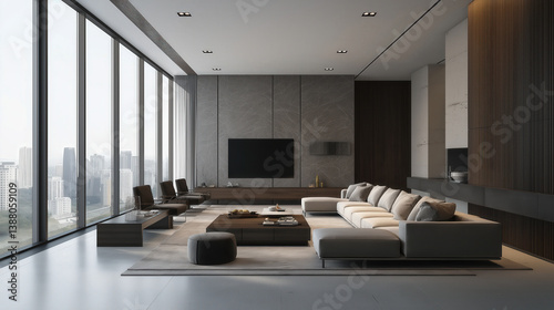 Luxury Flat in City Interior Living Room Minimalist Design White Sofa Square Center Table Premium TV Unit Full Glass Window