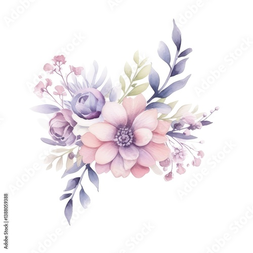 A pink and purple flower bouquet with leaves on a white background