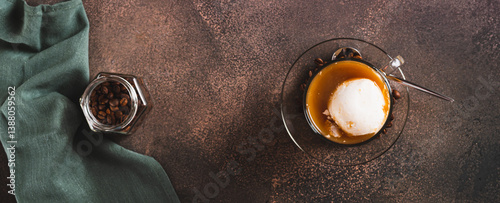 Obraz na płótnie Affogato espresso coffee with vanilla ice cream in a cup on the table top view web banner w salonie