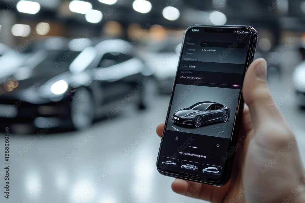 Smartphone displaying a digital car interface in a modern showroom setting