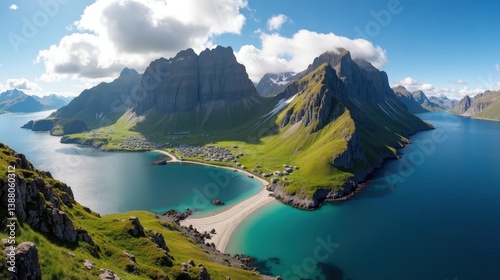 Breathtaking Lofoten Islands in Norway at midday with sunny weather, shot from above, showcasing mountains and beaches.