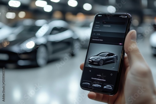 Obraz na płótnie Smartphone displaying a digital car interface in a modern showroom setting w salonie