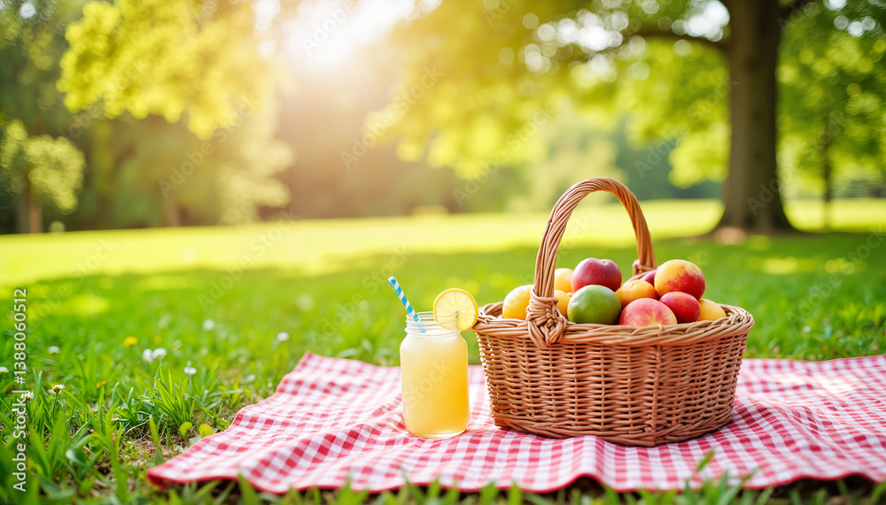 Colorful picnic basket with fruits and lemonade on checkered blanket, summer joy Colorful picnic basket with fruits and lemonade on checkered blanket, summer joy