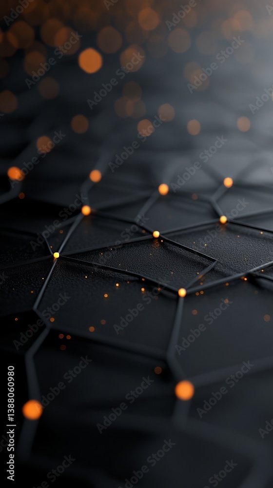 Fototapeta premium Abstract close-up image featuring a textured black background with glowing orange dots and hexagonal patterns.
