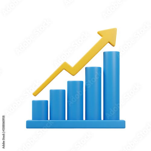 3d minimal data analysis icon. soaring finances. Strengthening currency. A bar graph with an arrow rising. 3d illustration. PNG