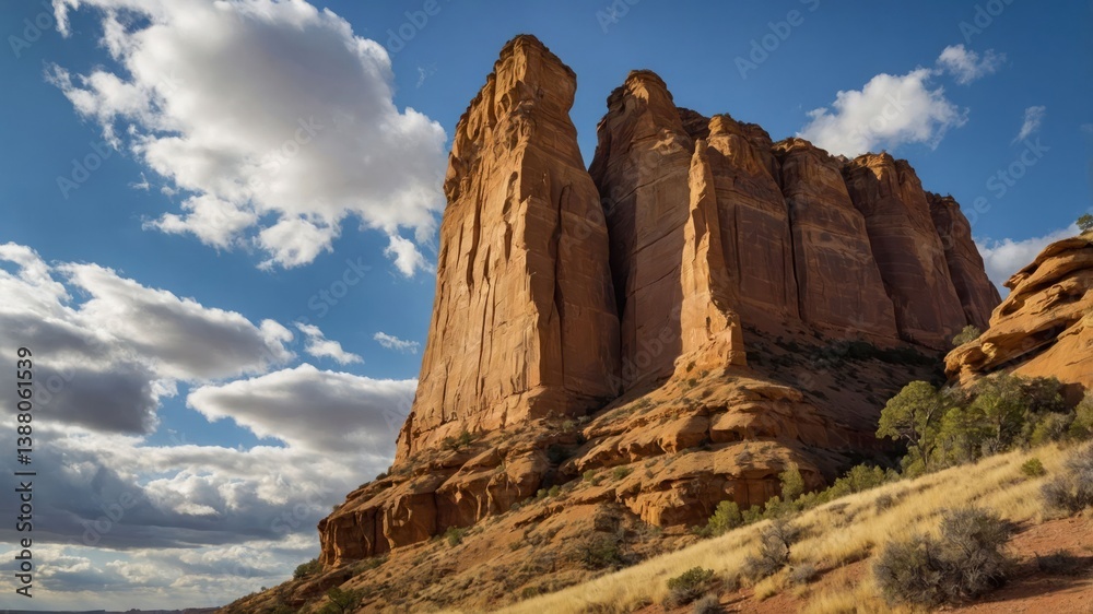 Fototapeta premium Majestic rock formations under a blue sky with clouds.