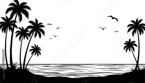 tropical island silhouette, palm trees, beach, ocean waves, flying seagulls, black and white illustration, minimalist design, vector art, tropical paradise, vacation vibes, seaside landscape 