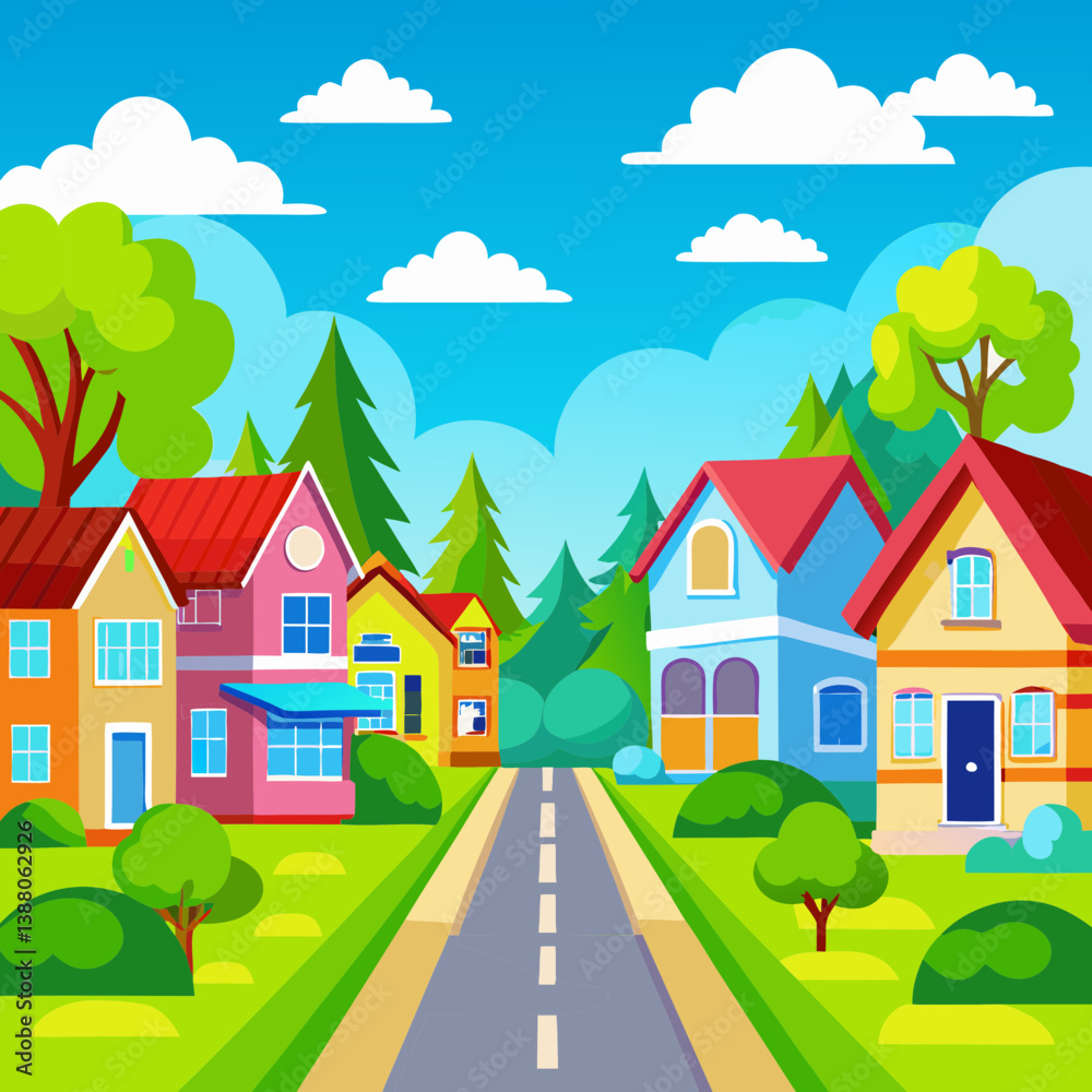 Naklejka premium Charming Neighborhood with Pastel-Colored Homes