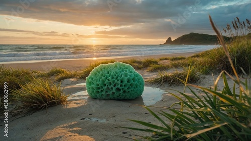 A vibrant green sponge on a beach at sunset, surrounded by grass and ocean waves.