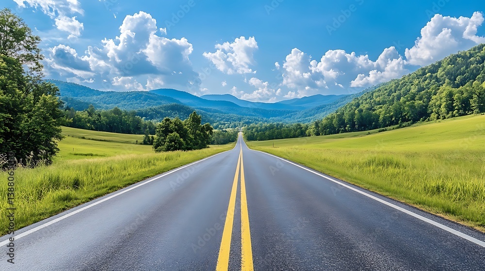 Naklejka premium A scenic drive through a picturesque landscape with open fields, rolling hills, and the excitement of a road trip adventure