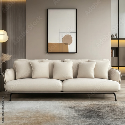 Luxury House Apartment Interior Living Room Minimalist Design White Sofa Painting Picture Frame Mockup in wall Stand Lamp