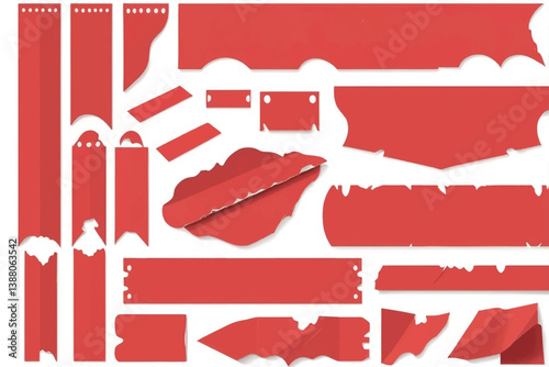 piece of red cardboard paper tear set isolated on white background