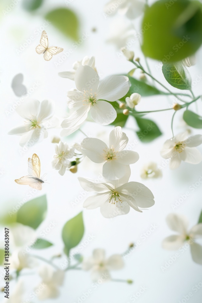 Fototapeta premium Delicate white blossoms and graceful butterflies in a bright arrangement