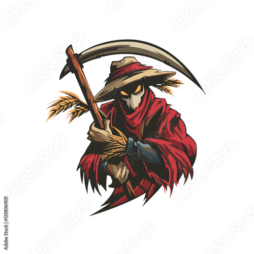 Unique esports vector logo featuring a living scarecrow wielding a scythe in a dynamic pose suitable for gaming brands and events