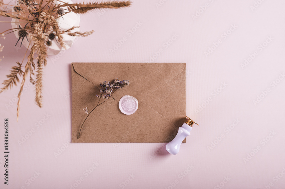 Envelope sealed with wax seal, stamp and dried flowers on a pink background