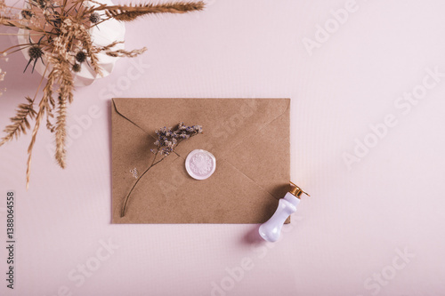 Obraz na płótnie Envelope sealed with wax seal, stamp and dried flowers on a pink background w salonie