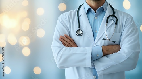 Male medical doctor in white coat with stethoscope standing confidently with arms crossed against blurred bokeh background, representing healthcare and medical expertise.