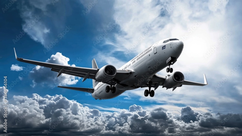 Obraz premium Airplane Taking Off Against Dramatic Cloudy Sky Background