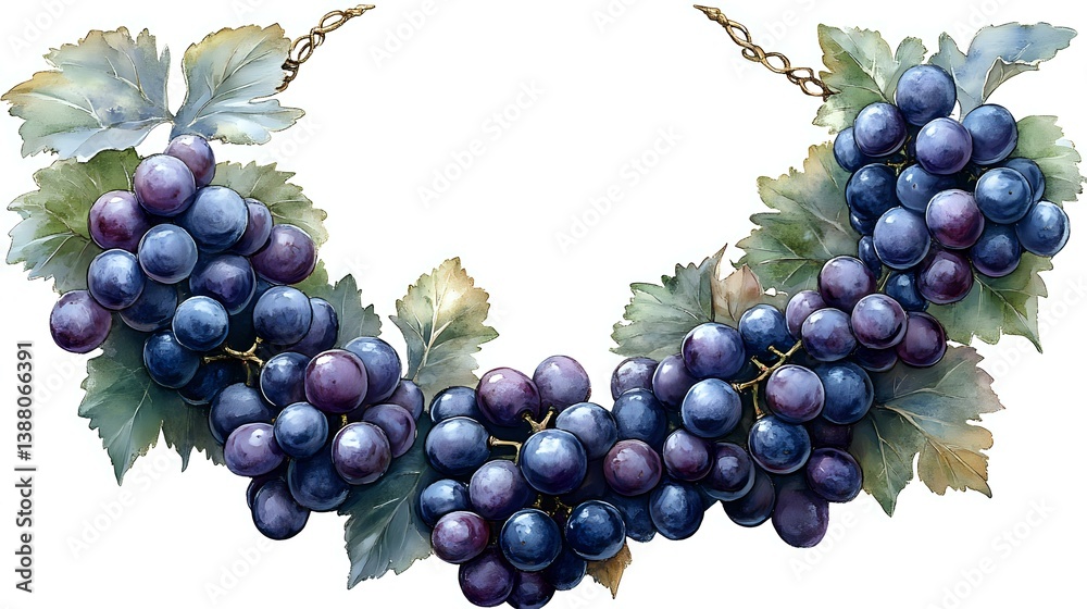 Watercolor garland of ripe purple grape clusters with green leaves, decorative botanical border element on white background, isolated for design.