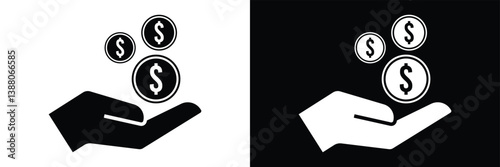 Money in hand icons and hands holding dollar coin flat vector icon set illustration. Hand holding coins and dollar sign. flat and vector style.