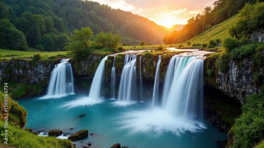 Fototapeta premium Cascade du Ray Pic waterfall in France at dawn, with mild, sunny summer conditions, captured from a panoramic perspective.