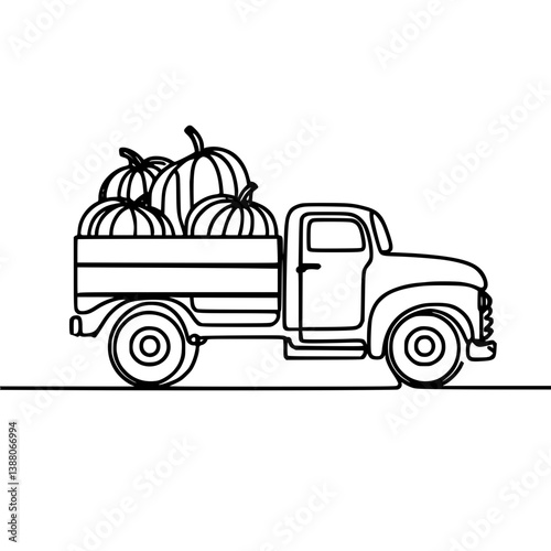 Vintage truck carrying pumpkins in a minimalist style, Halloween  
