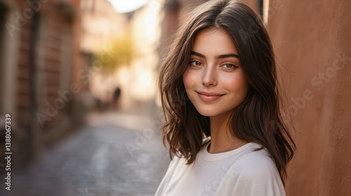 Young Woman Smiling in Alleyway with Cobblestone Path and Warm Light Free Download Young Woman Smiling in Alleyway with Cobblestone Path and Warm Light - GFXLoad