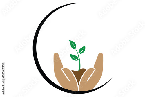 Set of plant icons in hands. Symbols of ecology and fertility. Hand holding plant icon. Leaves in hand pictogram.
