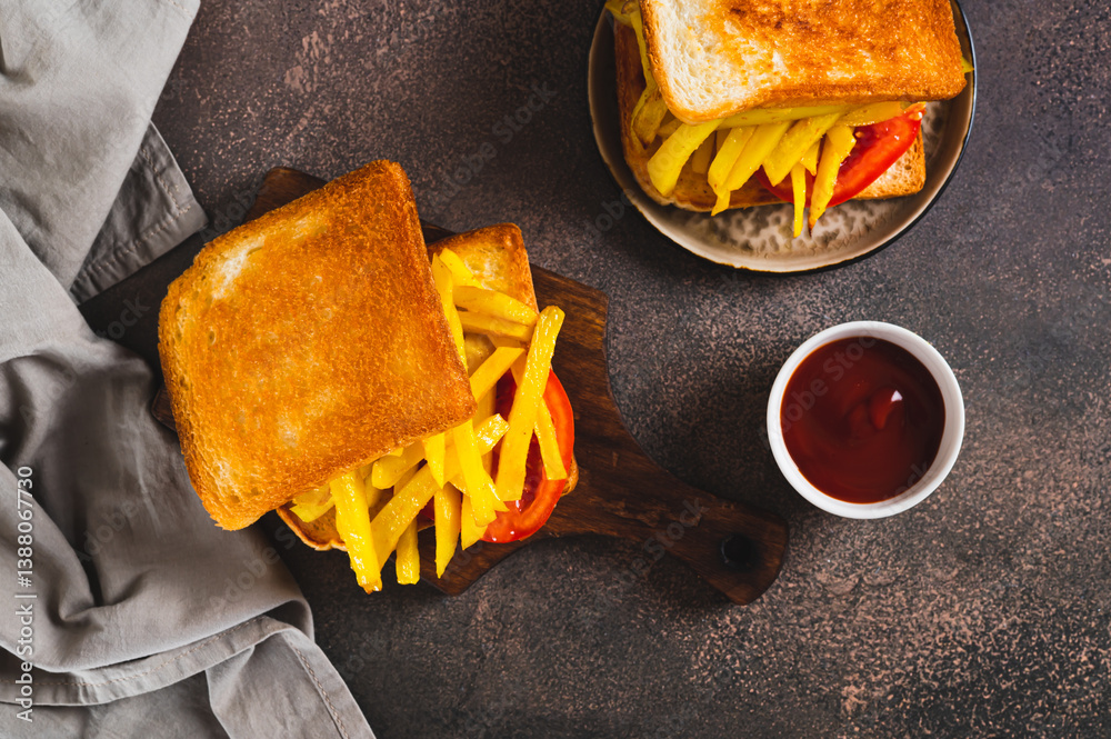 Fried toasts with french fries and tomato on a board on the table top view