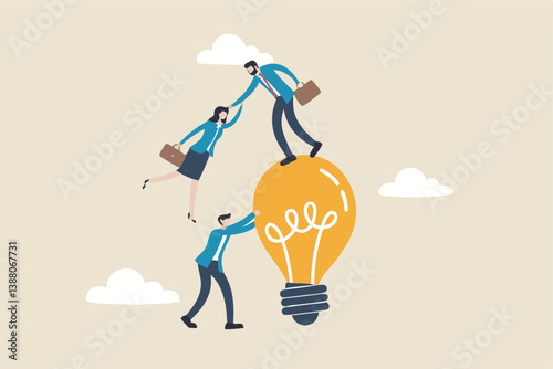 Help support team to success together, teamwork partnership to collaboration, leadership or manager to help employee reaching goal concept, businessmen help colleagues to climb up lightbulb idea.