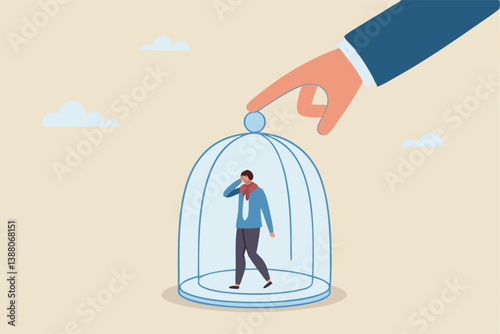 Employee or customer retention, reduce churn rate or talent management, company loyalty or CRM customer relationship management concept, businessman hold glass to retain small employee inside.