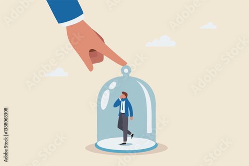 Employee or customer retention, reduce churn rate or talent management, company loyalty or CRM customer relationship management concept, businessman hold glass to retain small employee inside.