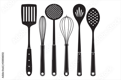  A bold black silhouette illustration of various kitchen materials with white background.