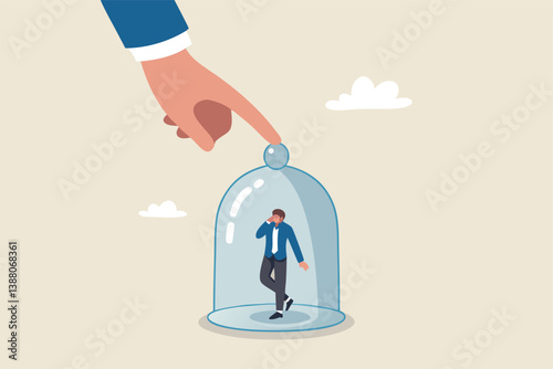 Employee or customer retention, reduce churn rate or talent management, company loyalty or CRM customer relationship management concept, businessman hold glass to retain small employee inside.