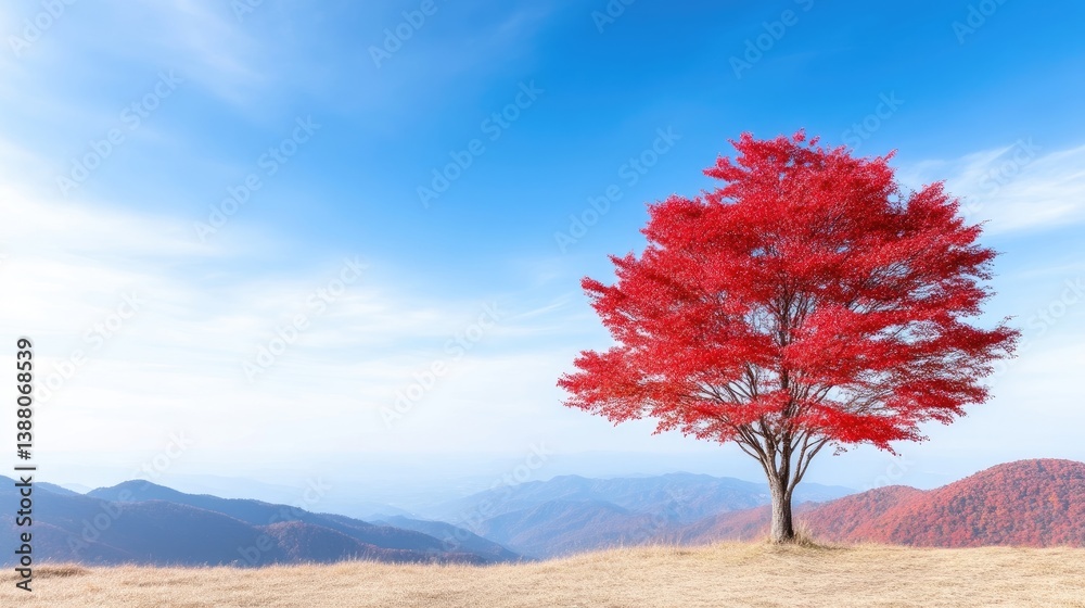 Solitary Red Maple Tree Vivid Autumn Landscape High Definition Wide Angle View Dramatic Fall Foliage Mountain Ridge Backdrop Fiery Red Hues Perfect for Nature Calendars