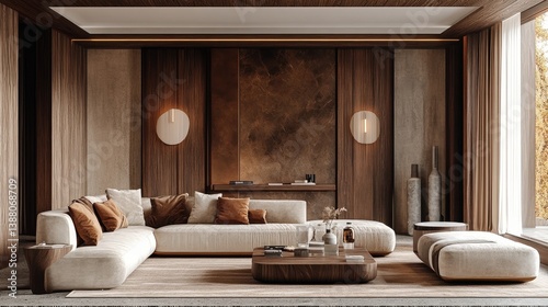 Luxury House Apartment Interior Living Room Minimalist Design White Sofa Premium Floor Matt Brown Wall Design Square Center Table