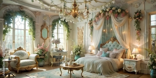 Luxurious vintage bedroom interior with classical furniture, canopy bed, golden decor, soft daylight pouring through large arched windows. Home decor inspiration, interior design concepts, editorial 