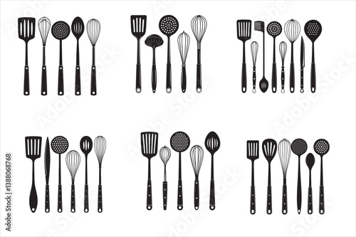 A bold black silhouette illustration of various kitchen materials with white background.