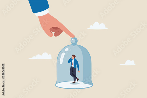 Employee or customer retention, reduce churn rate or talent management, company loyalty or CRM customer relationship management concept, businessman hold glass to retain small employee inside.
